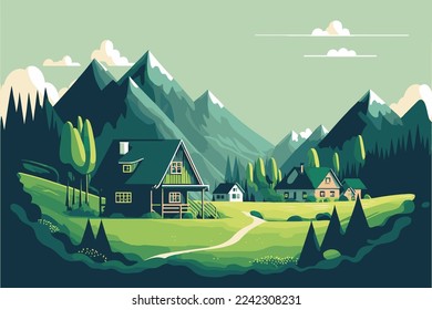 Mountain green field alpine landscape nature with wooden houses illustration in vector flat color style illustration