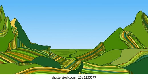 Mountain with Green Hills and Line Art Background. Scenic black and white landscape design for fabric, prints, and wall art. Simple line drawing of one line mountain.