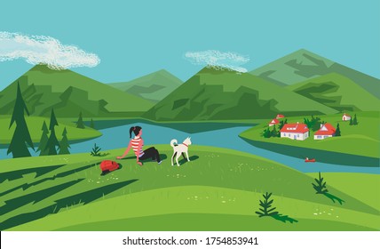 Mountain green valley lake landscape. Summer season scenic view poster. River side village in mountains. Girl, dog travel to countryside cartoon illustration. Vector nature outdoors banner background