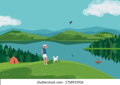 Paisaje del lago del valle verde montañoso. Cartel panorámico de la temporada de verano. Dibujo de dibujos animados del lado del río en las montañas. Pareja adulta con perro descansando en la naturaleza salvaje. Fondo de banners para vectores al aire libre