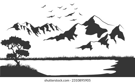 Mountain green valley lake landscape. River side in mountains cartoon illustration. Vector outdoors banner background. Hills, mountains, and a riverside forest. Flat illustration landscape design