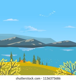 Mountain green valley landscape. Autumn yellow season lake scenic view poster. Trees on river bank in Alps mountains. Freehand cartoon outdoors retro style. Vector countryside scene banner background