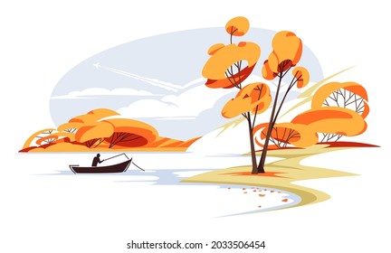 Mountain green valley landscape. Autumn season lake scenic view poster. Fishing leisure on calm river. Fall trees forest cartoon background. Flat vector illustration