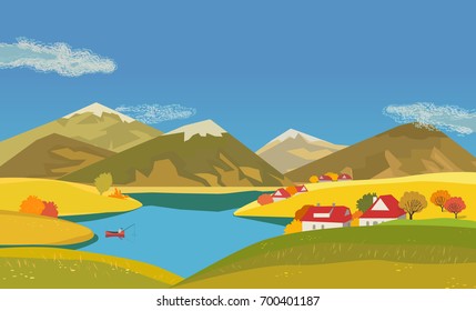 Mountain green valley landscape. Autumn yellow season lake scenic view poster. Houses on river bank in Alps mountains. Freehand cartoon outdoors retro style. Vector countryside scene banner background