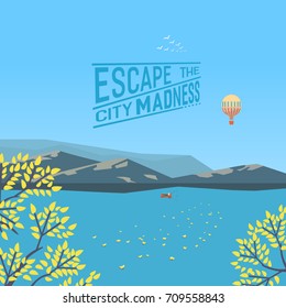 Mountain green valley landscape in Autumn. Escape city madness poster. Fisherman on plain river in mountains. Leaf fall on water. Freehand cartoon retro style. Vector countryside outdoor background