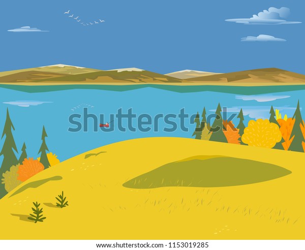 Mountain Green Valley Landscape Autumn Yellow Stock Vector