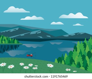 Mountain green valley landscape. Summer season lake scenic view poster. Flowers on river bank in Alps mountains. Colorful cartoon wild nature scene. Vector countryside banner background illustration