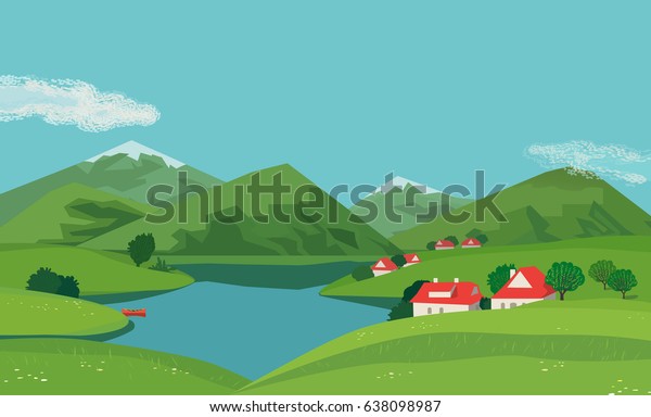 Mountain Green Valley Landscape Summer Season Stock Vector
