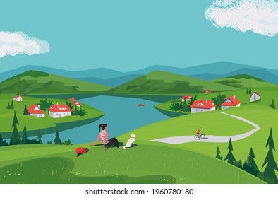 Mountain green valley scene vector landscape  Summer season scenic view poster  River side village in mountains  Girl   dog travel to countryside  cartoon illustration  Nature outdoors trip background