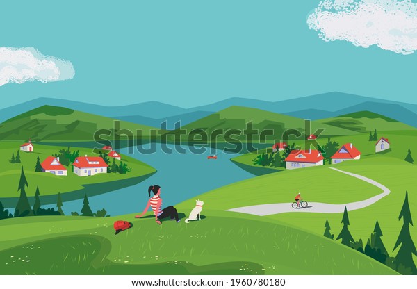 Mountain green valley scene vector landscape.\
Summer season scenic view poster. River side village in mountains.\
Girl and dog travel to countryside, cartoon illustration. Nature\
outdoors trip\
background