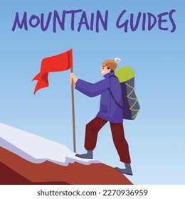 Mountain guides advertising banner or poster template with climber guid or instructor in mountains, flat vector illustration. Traveling, climbing and alpinism.
