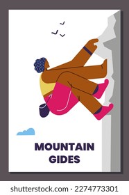 Mountain guides banner or poster template with tourist climbing on griff, flat cartoon vector illustration. Mountain guides accompaniment on tourist route.