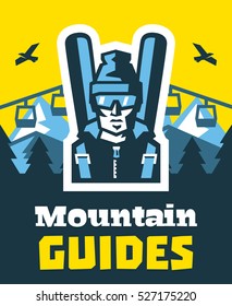 Mountain guides. Logo skier in glasses. Fresh air. on the horizon, winter nature view. Pine forest. Vector illustration. Flat style