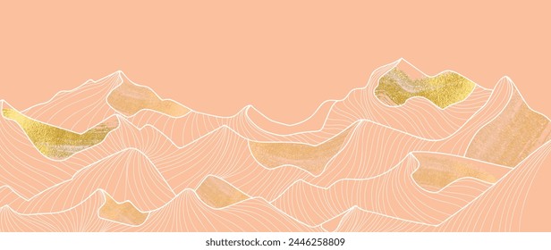 Mountain hand drawn background vector. Luxury landscape art with line art and gold foil texture. Abstract wallpaper illustration for prints, Art Decoration, interior decor, wall arts, canvas prints.