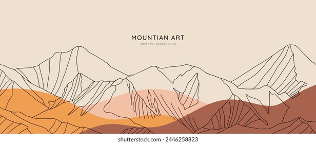 Vector de fondo dibujado a mano de montaña. Arte de paisaje mínimo con arte de línea, color de tono de tierra. Ilustración Abstractas del Fondo de pantalla del arte para los estampados, decoración, decoración interior, artes de la pared y estampados de la lona.