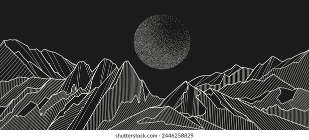 Mountain Hand gezeichnete Hintergrund Vektorgrafik. Minimale Landschaftskunst mit Linienkunst und Mondflecktextur. Abstrakte Kunst Bildschirmhintergrund Illustration für Drucke, Dekoration, Innendekor, Wandkunst, Leinwanddrucke.