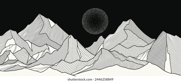 Mountain Hand drawn background vector. Minimal landscape art with line art and moon spot texture. Abstract art wallpaper illustration for prints, Decoration, interior decor, wall arts, canvas prints.