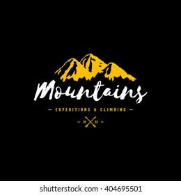 Mountain Hand Drawn Emblem Template. Outdoor activity symbol. Vector illustration.