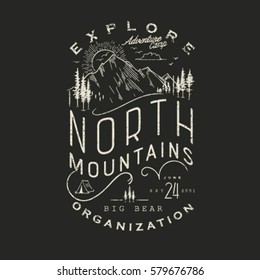 Mountain Hand Drawn Emblem Template. Outdoor activity symbol. Vector illustration.Vector mountain with texture.