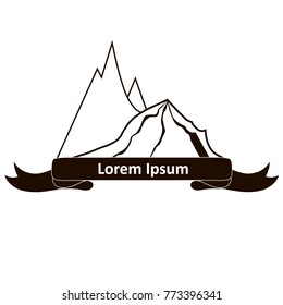 Mountain hand drawn logo in monochrome version. Vector design element in vintage style for logotype, label, tag, badge and other. Mountain logo, symbol, Lorem ipsum stock vector illustration
