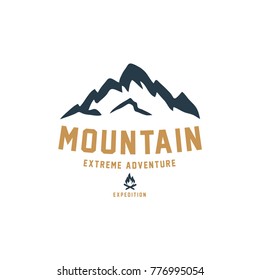 Mountain Hand Drawn Logo Template. Vector Design Element Vintage Style for Logotype, Label, Badge, Emblem. Mountain Logo, Hills, Mountain Symbol, Mountain Icon, Retro Logo, Rock Climber emblem.