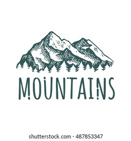 Mountain hand drawn retro logotype with lettering. Vector vintage engraved illustration. Isolated on white background. For outdoor company, camping, adventure poster and labels.