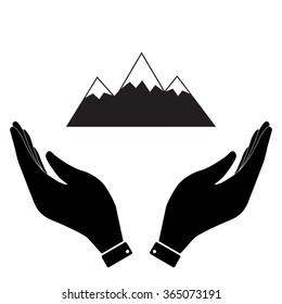 Mountain in hand icon, care symbol vector illustration. Flat design style