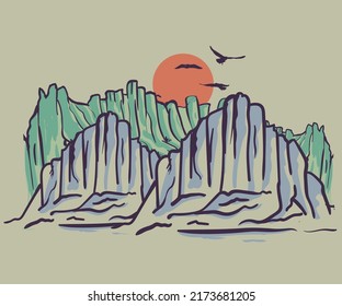 Mountain hand sketch graphic design. Hill artwork for t shirt, apparel, sticker, batch, background, poster and others.