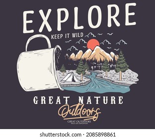 Mountain hand sketch in the mug vector graphic design. Camping lake side artwork for t shirt, apparel, sticker, batch, background, poster and others.