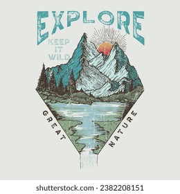 Mountain hand sketch in the mug vector graphic design. Camping lake side artwork for t shirt, apparel, sticker, batch, background, poster and others.