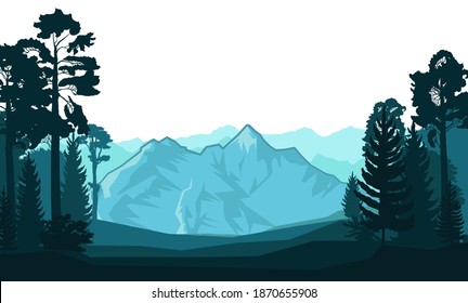 Mountain with haunted forest landscape. Coniferous and deciduous trees. Silhouette. Isolated on a white background. Mountains, rocks on the horizon. vector