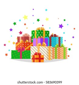 Mountain heap of gift boxes and bright sparkles behind them. Bunch of colorful presents of different shape on white with stars around them. Isolated vector illustration in flat cartoon style
