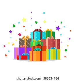 Mountain heap of gift boxes and bright sparkles behind them. Bunch of colorful presents of different shape on white with stars around them. Isolated vector illustration in flat cartoon style
