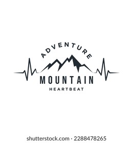 Mountain heartbeat line logo icon. Outdoor adventure seismograph vintage black illustration