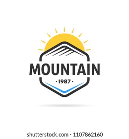 mountain in hexagon template logo. flat style trend modern simple hiking logotype graphic art design isolated on white background. concept of climbing park sticker or survival camping banner element