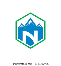 Mountain In Hexagonal Shape With Letter N Logo Template