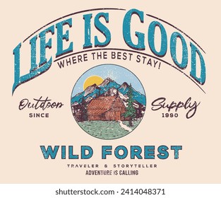 Mountain hidden home. Adventure at the mountain graphic artwork for t shirt and others.  Beach with hill artwork. Mountain with tree vintage print design. good life. Life is good. Wild forest. 