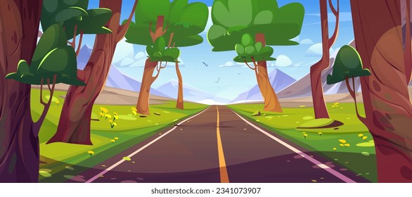 Mountain highway road in forest vector landscape. Summer trip on empty asphalt path through woodland to skyline. Blue sky journey environment with green grass with flower meadow area on sunny day