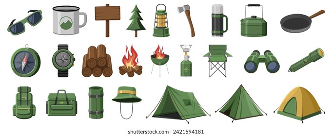 Mountain hike elements. Autumn forest camping set. Hiking equipment and gear icon