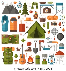 Mountain Hike Elements. Autumn Forest Camping Set. Hiking Equipment And Gear Vector Icon Collection. Mountains, Tent, Binoculars, Campfire, Barbecue, Flashlight, Lantern, Camera. Tourist Camp Tools.