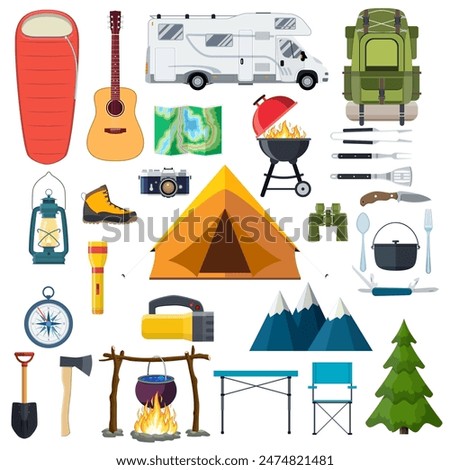 Mountain hike elements. forest camping set icon collection. Mountains, tent, binoculars, campfire, barbecue, flashlight, lantern, camera Tourist camp tools Vector illustration in flat style