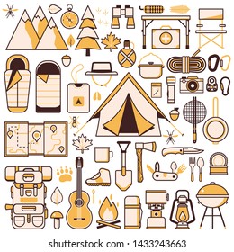 Mountain hike elements in line art. Autumn forest camping set. Hiking equipment and camp gear icon collection. Mountains, tent and lantern. Campfire, barbecue, and flashlight. Scout camp tools.