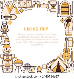 Mountain hike leaflet design with camp tools. Autumn forest camping lifestyle background. Hiking equipment and gear card. Forest party template. Summer camp invitation with place for text.