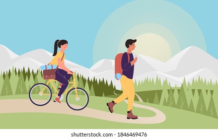 Ilustración vectorial de alza de montaña. Viajeros turistas llanos viajando juntos, personajes femeninos montando en bicicleta, excursionismo en camino a las montañas en el horizonte, turismo al aire libre