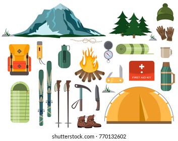 Mountain hike winter ski hiking snowy backpack skiing accessories travel climbing mountaineering vector adventure illustration. Nature outdoor extreme tourism landscape equipment.