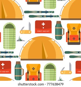 Mountain hike winter ski hiking snowy backpack skiing accessories travel climbing mountaineering vector adventure illustration. Nature outdoor extreme tourism equipment seamless pattern background.