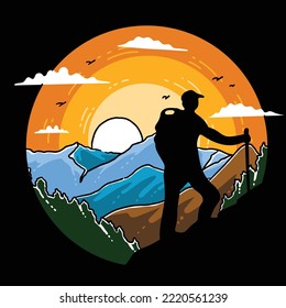 Mountain Hiker Silhouette With Sunset Sky