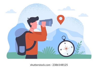 Concepto de excursiones de montaña. Hombre con mochila y prismáticos y brújula. Senderismo y camping. Estilo de vida activo y ocio. Hermoso paisaje natural. Dibujo vectorial plano de dibujos animados