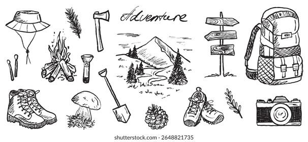 Mountain hiking adventure equipment with matches, trekking boots, shovel, backpack in black brush stroke texture isolated on white. Hand drawn vector sketch illustration in vintage charcoal ink