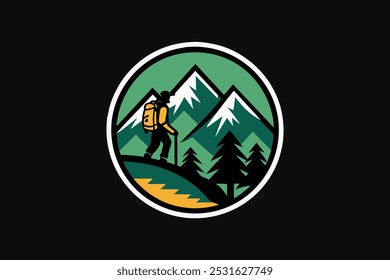 Mountain Hiking Adventure T-shirt Design – Outdoor Exploration Badge Icon, Vector illustration